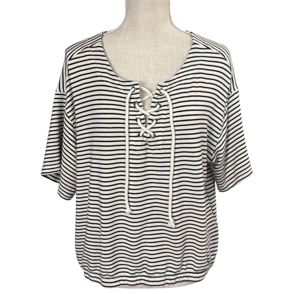 Black Stripe Tee Large, Jane & Delancy, Tie Neck Tie Waist Short Sleeve